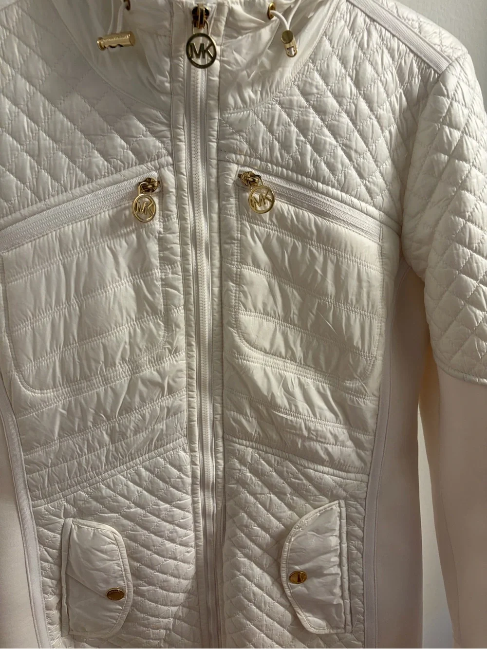 Michael Kors White Quilted Hooded Puffer Jacket with Gold Accents